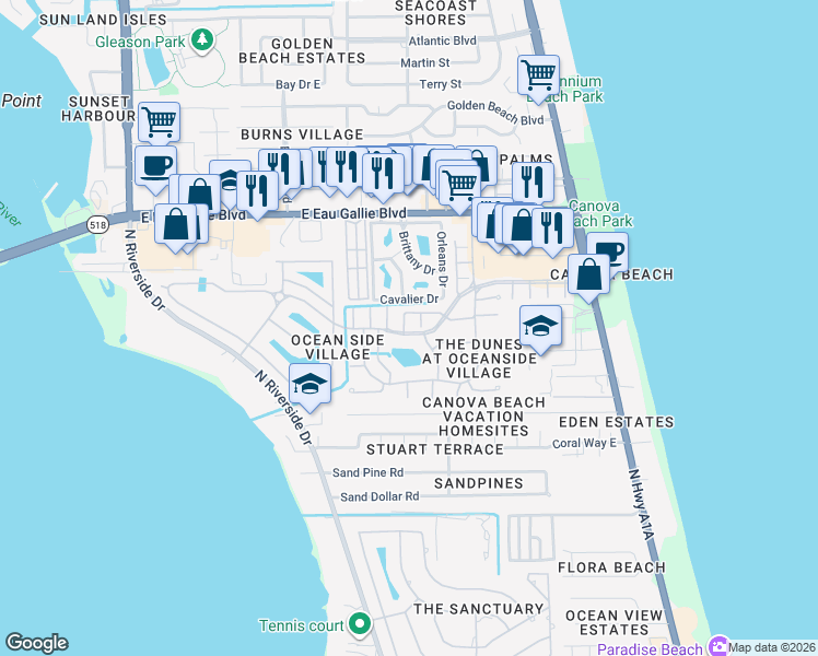 map of restaurants, bars, coffee shops, grocery stores, and more near 301 Oceanside Boulevard in Indialantic