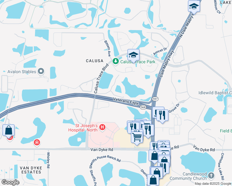 map of restaurants, bars, coffee shops, grocery stores, and more near 4201 Woodstorks Walk Way in Lutz