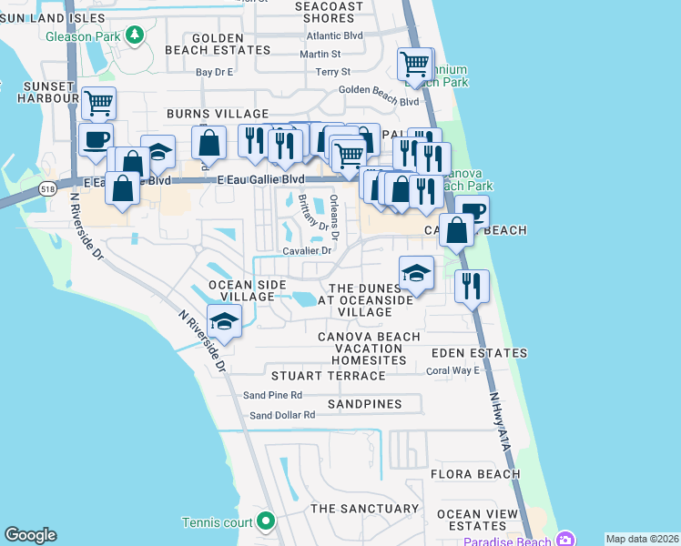 map of restaurants, bars, coffee shops, grocery stores, and more near 271 Rose Cup Lane in Indialantic