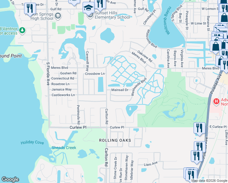 map of restaurants, bars, coffee shops, grocery stores, and more near 1128 Mainsail Drive in Tarpon Springs