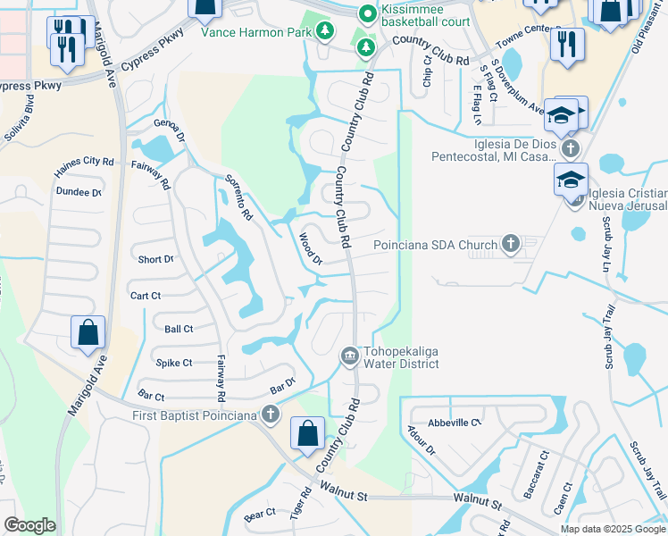 map of restaurants, bars, coffee shops, grocery stores, and more near 641 Wood Drive in Kissimmee