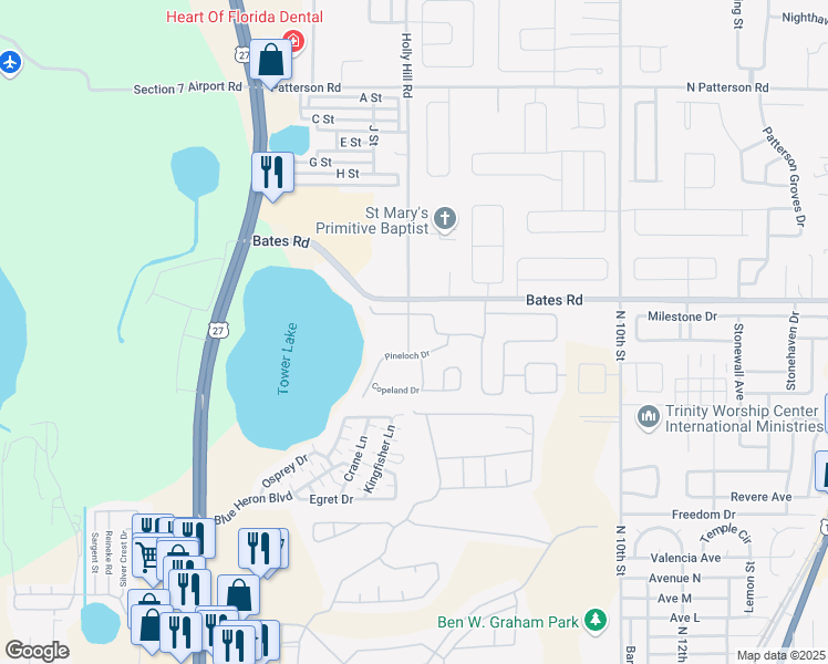 map of restaurants, bars, coffee shops, grocery stores, and more near 412 Tower Lake Boulevard in Haines City