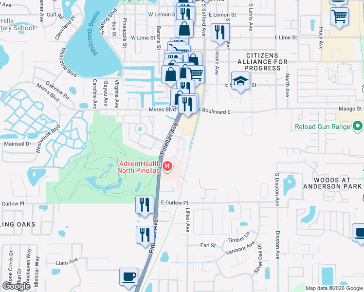 map of restaurants, bars, coffee shops, grocery stores, and more near 1185 South Pinellas Avenue in Tarpon Springs