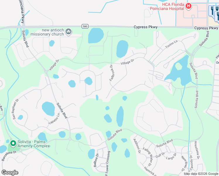 map of restaurants, bars, coffee shops, grocery stores, and more near 3497 Fallbrook Drive in Poinciana