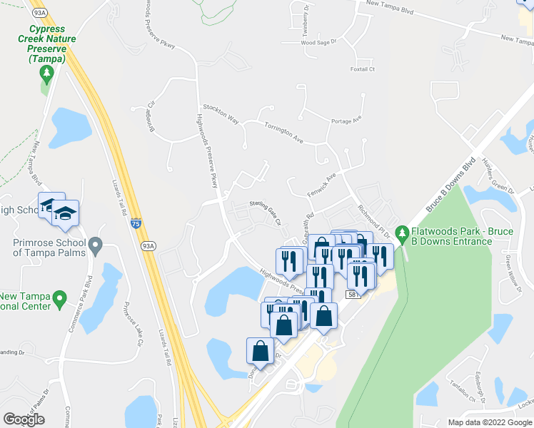 map of restaurants, bars, coffee shops, grocery stores, and more near 18389 Bridle Club Drive in Tampa