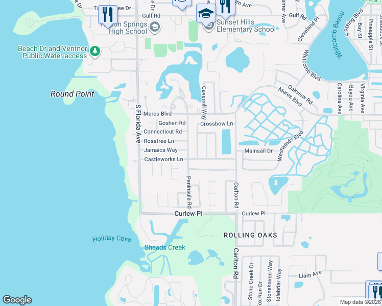 map of restaurants, bars, coffee shops, grocery stores, and more near 1004 Rosetree Lane in Tarpon Springs