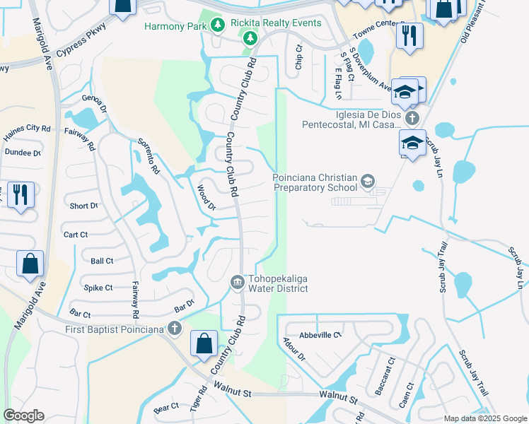 map of restaurants, bars, coffee shops, grocery stores, and more near 713 Wedge Lane in Kissimmee