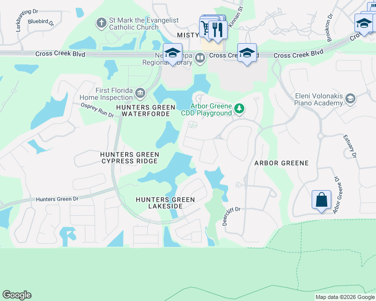 map of restaurants, bars, coffee shops, grocery stores, and more near 18014 Arbor Crest Drive in Tampa
