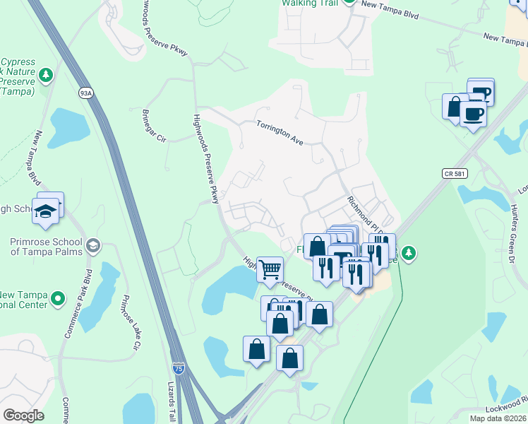 map of restaurants, bars, coffee shops, grocery stores, and more near 18123 Back Stretch Lane in Tampa