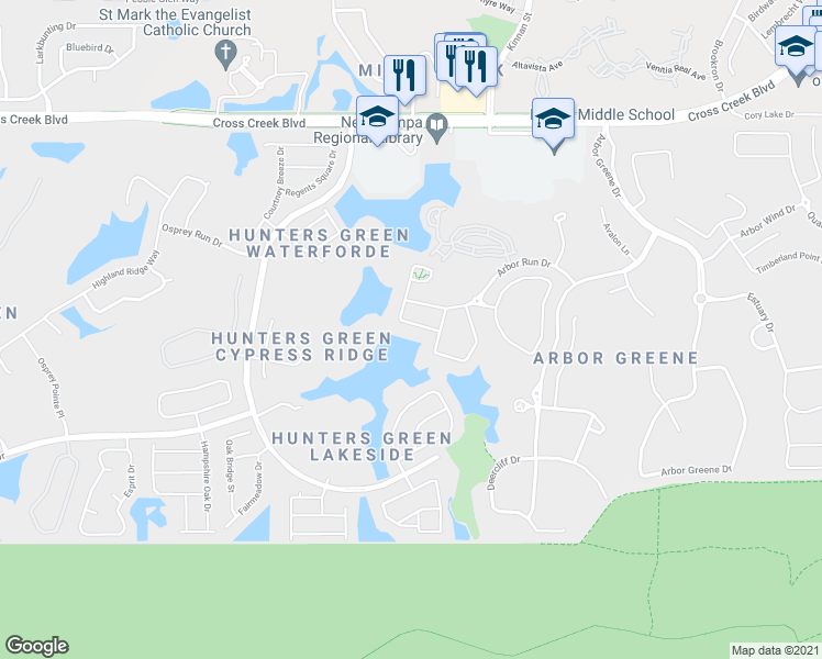map of restaurants, bars, coffee shops, grocery stores, and more near 10103 Arbor Run Drive in Tampa