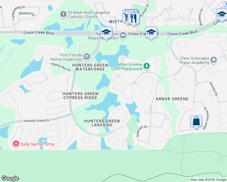 map of restaurants, bars, coffee shops, grocery stores, and more near 10103 Arbor Run Drive in Tampa