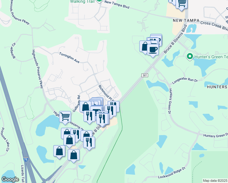 map of restaurants, bars, coffee shops, grocery stores, and more near 18001 Richmond Place Drive in Tampa