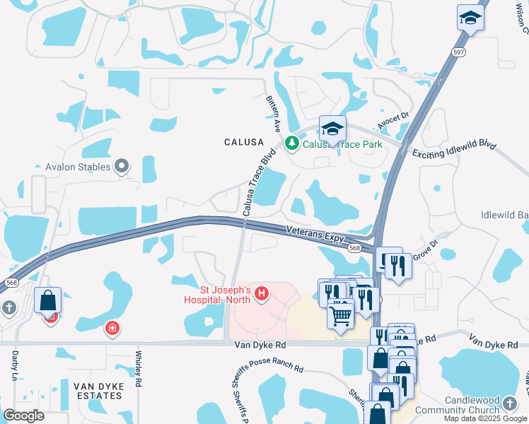 map of restaurants, bars, coffee shops, grocery stores, and more near 4209 Woodstorks Walk Way in Lutz