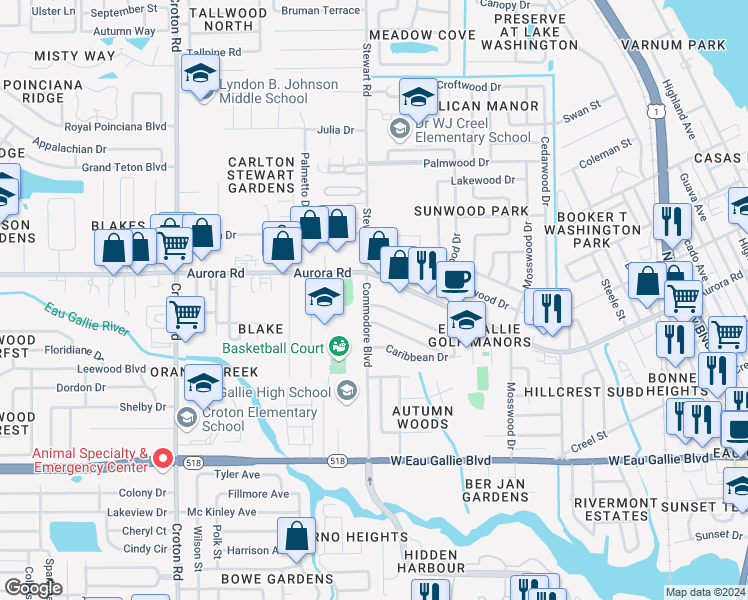 map of restaurants, bars, coffee shops, grocery stores, and more near 1596 Windward Drive in Melbourne