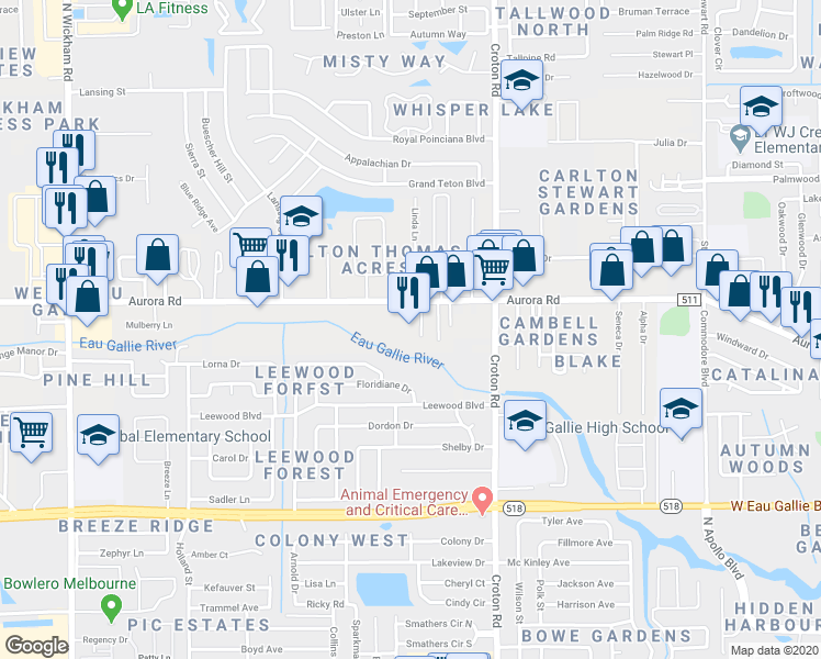 map of restaurants, bars, coffee shops, grocery stores, and more near 2241 Aurora Road in Melbourne
