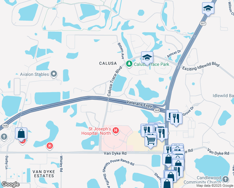 map of restaurants, bars, coffee shops, grocery stores, and more near 4209 Woodstorks Walk Way in Lutz