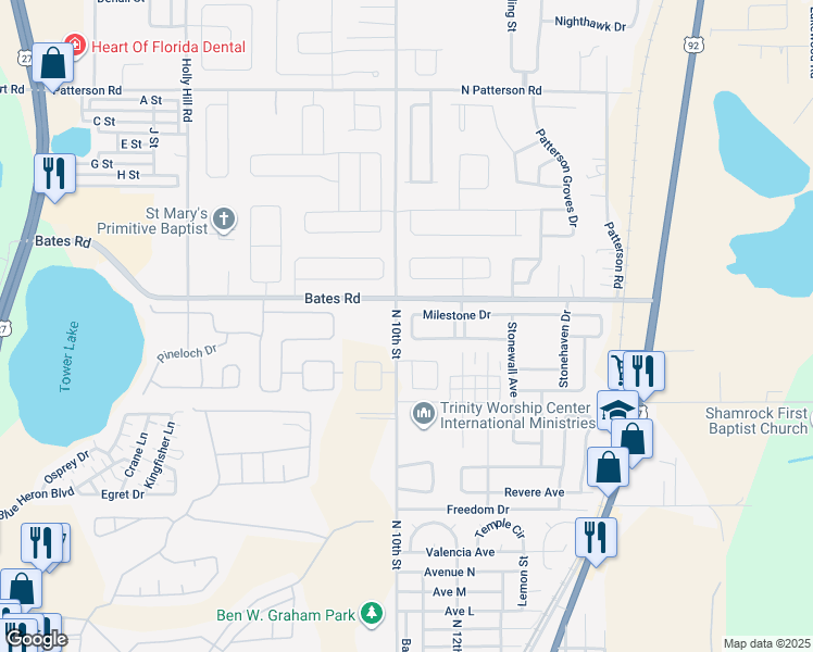 map of restaurants, bars, coffee shops, grocery stores, and more near 230 Milestone Drive in Haines City