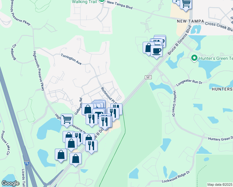 map of restaurants, bars, coffee shops, grocery stores, and more near 18001 Richmond Place Drive in Tampa