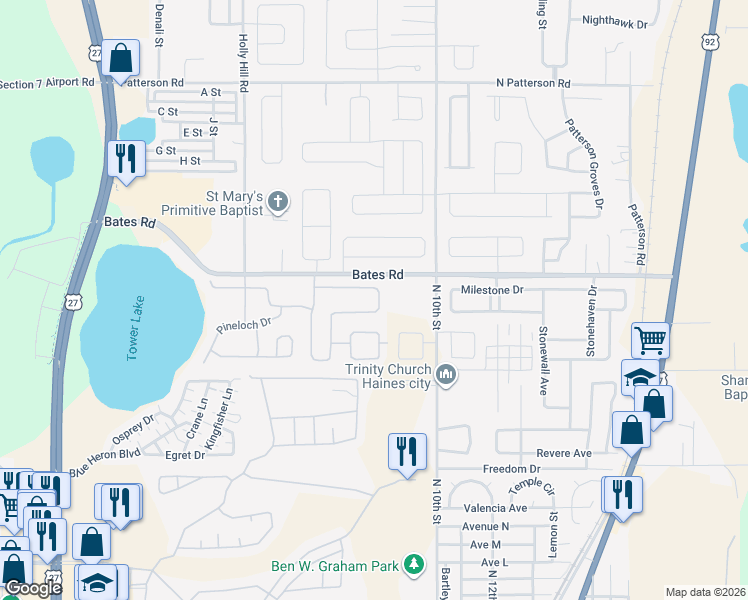 map of restaurants, bars, coffee shops, grocery stores, and more near 219 Minniehaha Circle in Haines City