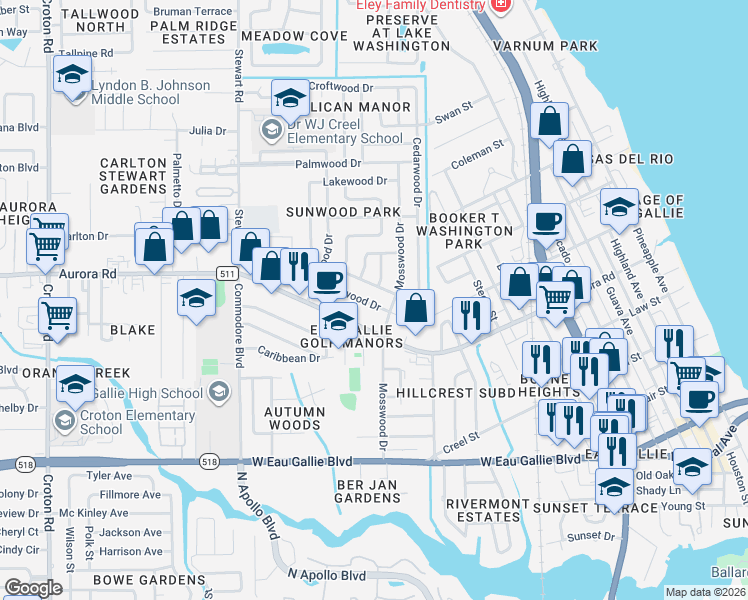 map of restaurants, bars, coffee shops, grocery stores, and more near 1327 Pinewood Drive in Melbourne
