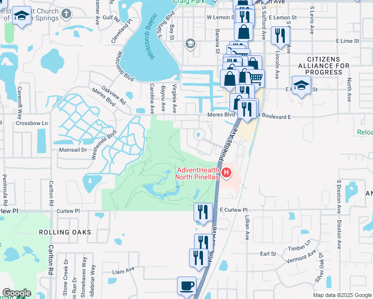 map of restaurants, bars, coffee shops, grocery stores, and more near 2017 Golf View Drive in Tarpon Springs