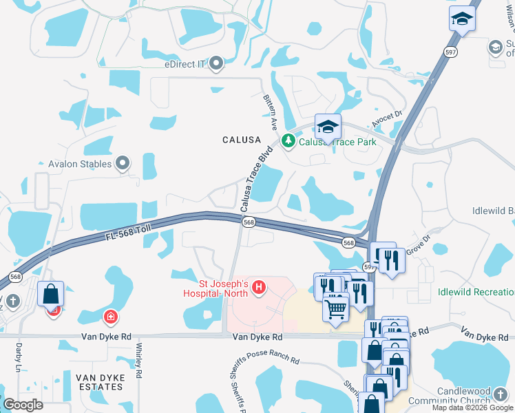 map of restaurants, bars, coffee shops, grocery stores, and more near 4209 Woodstorks Walk Way in Lutz