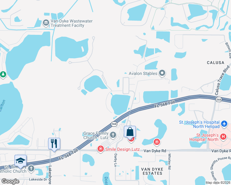 map of restaurants, bars, coffee shops, grocery stores, and more near 5112 Pheasant Woods Drive in Lutz