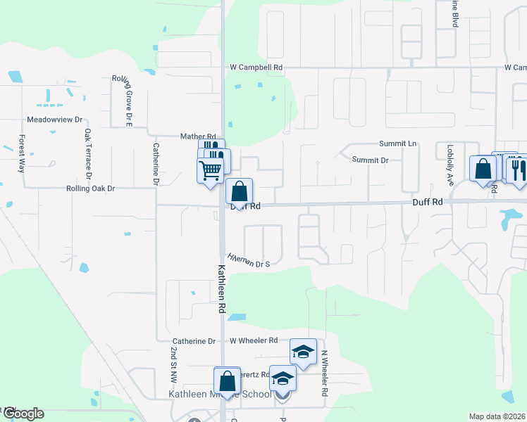 map of restaurants, bars, coffee shops, grocery stores, and more near 3652 Duff Road in Lakeland