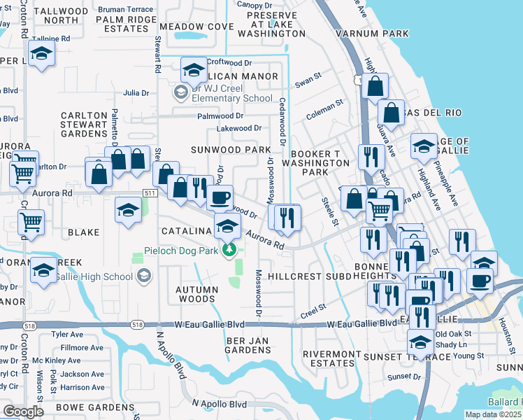 map of restaurants, bars, coffee shops, grocery stores, and more near 1768 Mosswood Drive in Melbourne