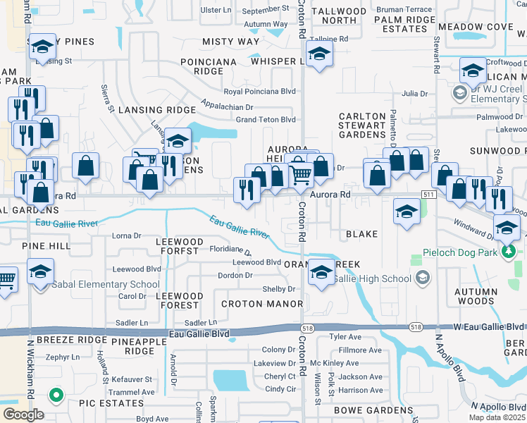 map of restaurants, bars, coffee shops, grocery stores, and more near 2325 Aurora Road in Melbourne