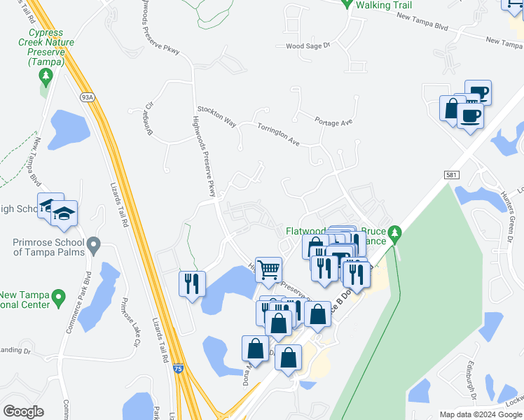 map of restaurants, bars, coffee shops, grocery stores, and more near 18389 Bridle Club Drive in Tampa