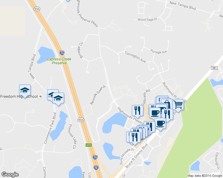 map of restaurants, bars, coffee shops, grocery stores, and more near 18483 Bridle Club Drive in Tampa
