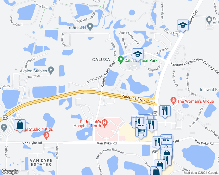map of restaurants, bars, coffee shops, grocery stores, and more near 4209 Woodstorks Walk Way in Lutz