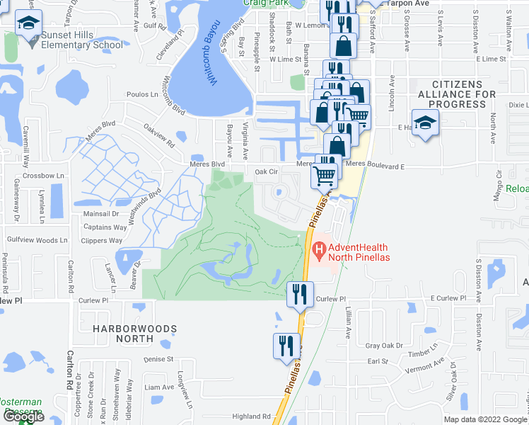 map of restaurants, bars, coffee shops, grocery stores, and more near 2017 Golf View Drive in Tarpon Springs