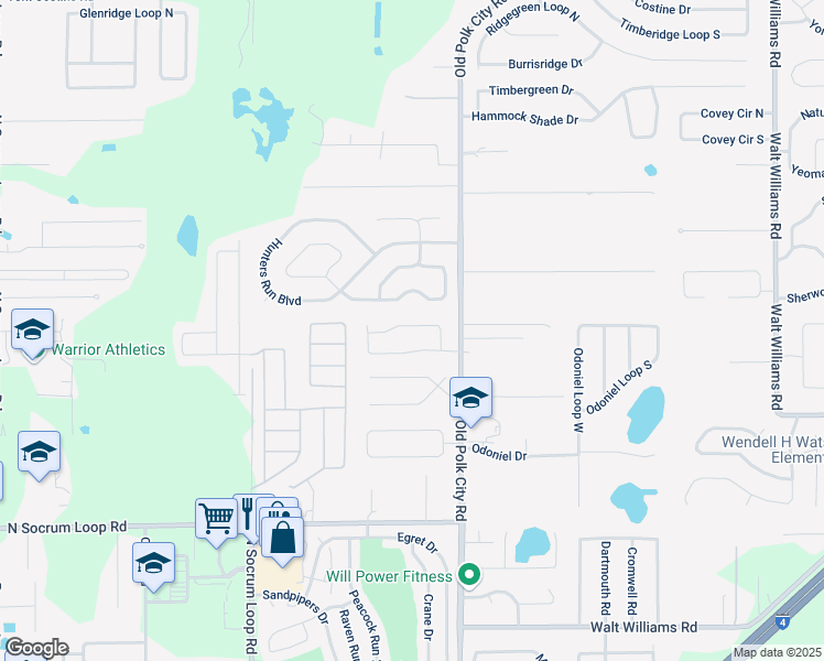 map of restaurants, bars, coffee shops, grocery stores, and more near 754 Bryson Loop in Lakeland