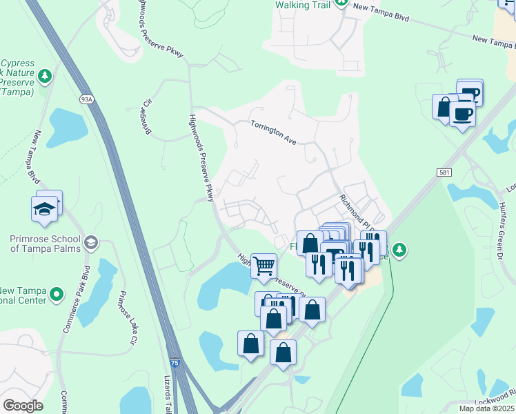 map of restaurants, bars, coffee shops, grocery stores, and more near 18139 Bridle Club Drive in Tampa