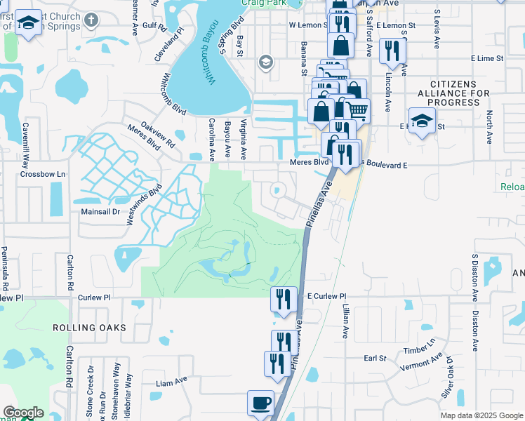 map of restaurants, bars, coffee shops, grocery stores, and more near 2017 Golf View Drive in Tarpon Springs