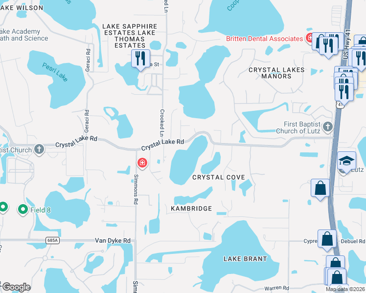 map of restaurants, bars, coffee shops, grocery stores, and more near 717 Crystal Lake Road in Lutz
