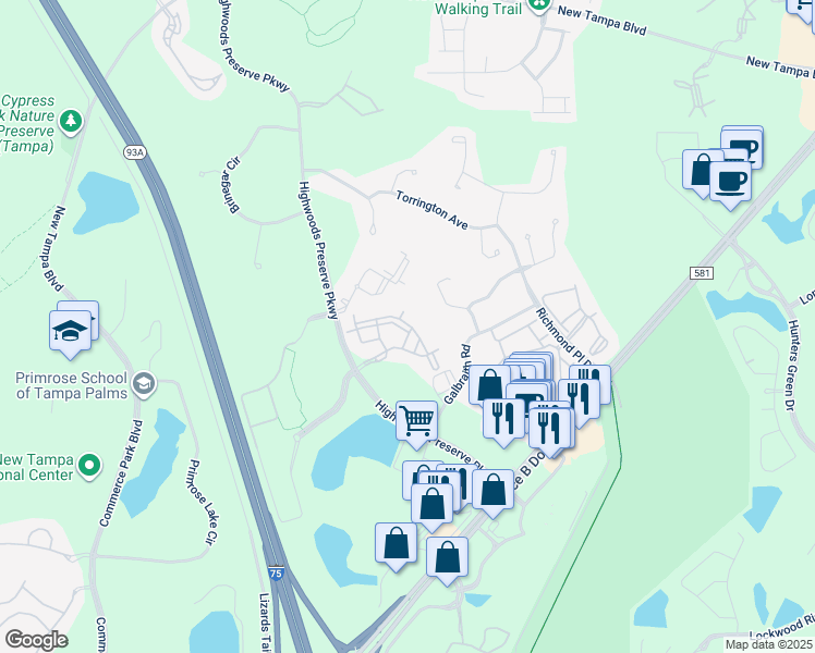 map of restaurants, bars, coffee shops, grocery stores, and more near 18389 Bridle Club Drive in Tampa