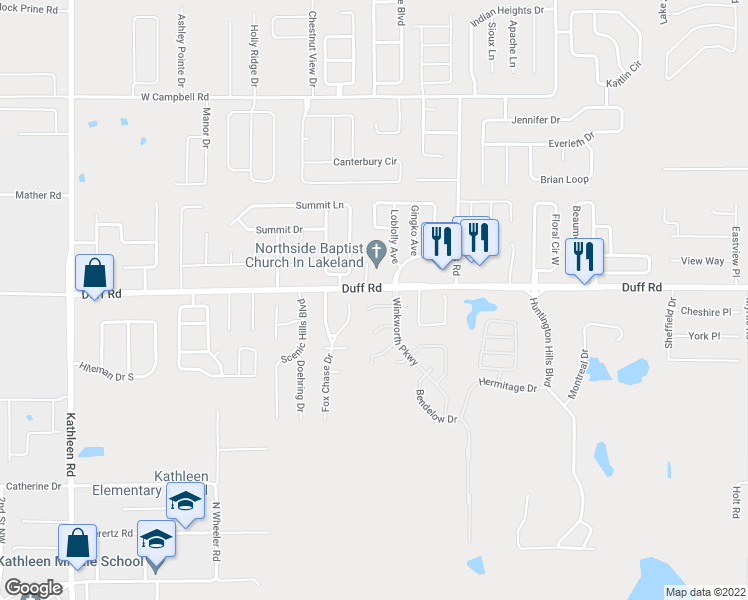 map of restaurants, bars, coffee shops, grocery stores, and more near 3135 Orange Grove Court in Lakeland