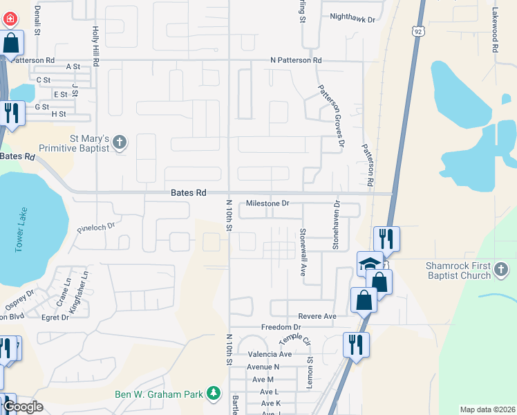 map of restaurants, bars, coffee shops, grocery stores, and more near 202 Milestone Drive in Haines City