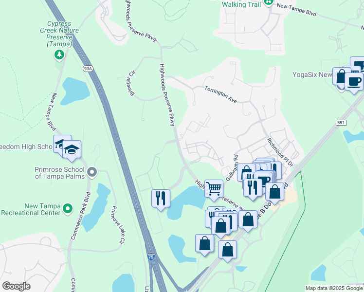 map of restaurants, bars, coffee shops, grocery stores, and more near 18483 Bridle Club Drive in Tampa
