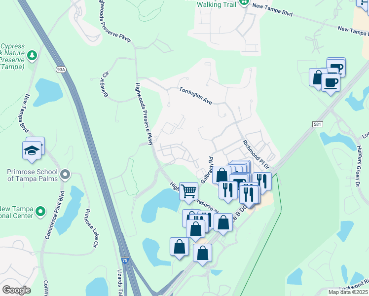 map of restaurants, bars, coffee shops, grocery stores, and more near 18389 Bridle Club Drive in Tampa