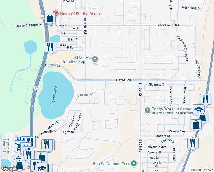 map of restaurants, bars, coffee shops, grocery stores, and more near 251 Minniehaha Circle in Haines City