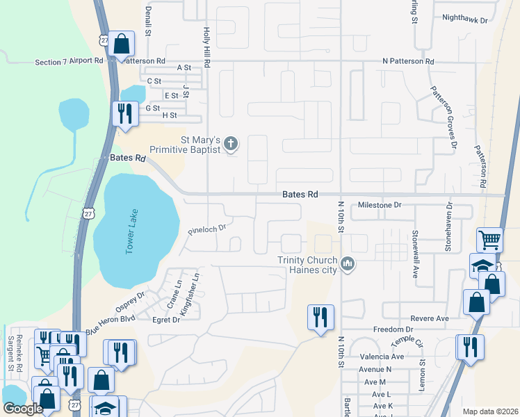 map of restaurants, bars, coffee shops, grocery stores, and more near 110 Minniehaha Circle in Haines City