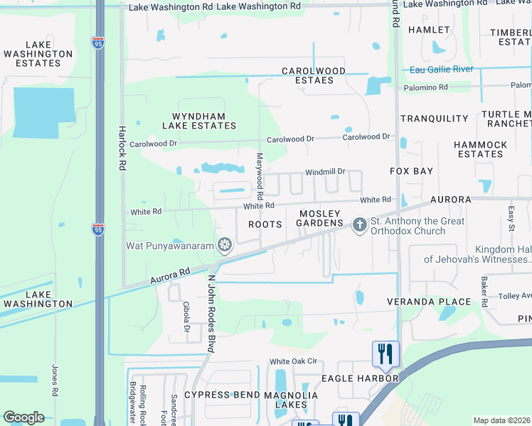 map of restaurants, bars, coffee shops, grocery stores, and more near 1745 Marywood Road in Melbourne