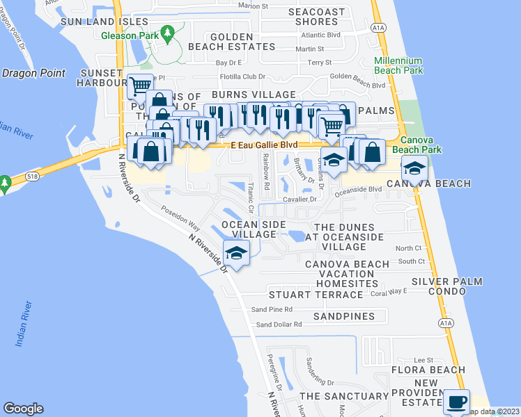 map of restaurants, bars, coffee shops, grocery stores, and more near 3240 Merrimac Lane in Indialantic