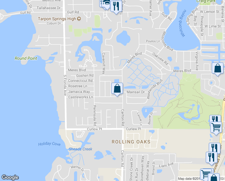 map of restaurants, bars, coffee shops, grocery stores, and more near 915 Lynnlea Lane in Tarpon Springs