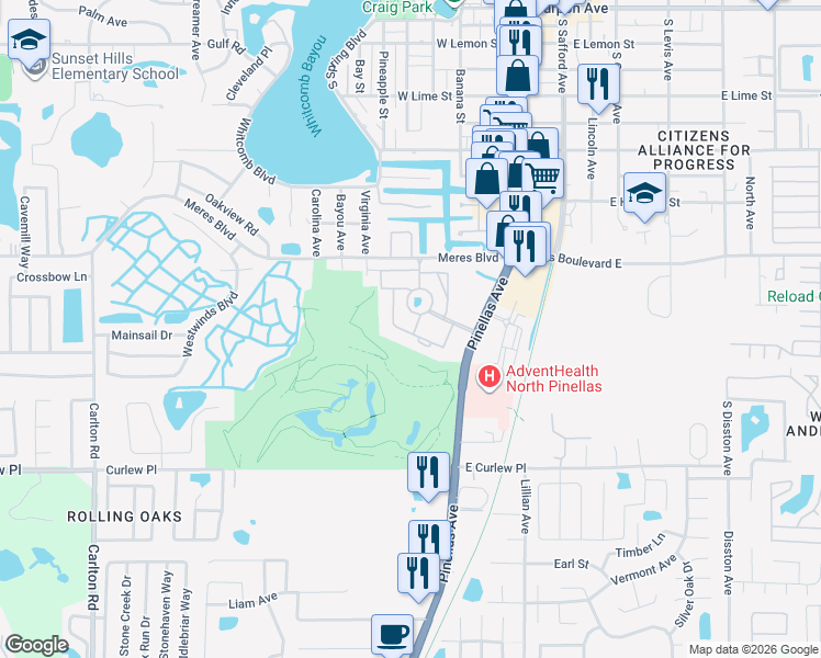 map of restaurants, bars, coffee shops, grocery stores, and more near 2201 Pine Drive in Tarpon Springs