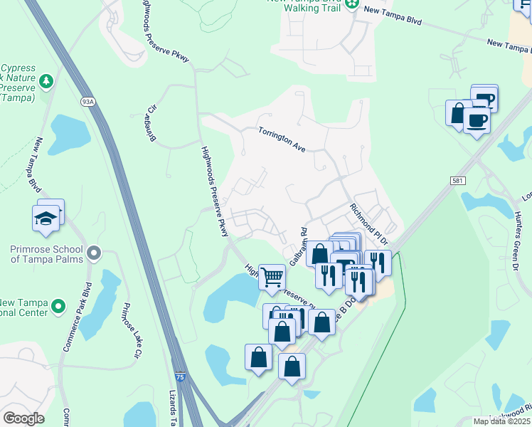 map of restaurants, bars, coffee shops, grocery stores, and more near 18389 Bridle Club Drive in Tampa